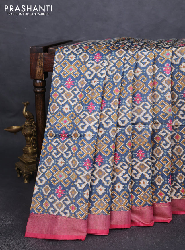 Munga tussar silk saree blue shade and pink with allover ikat prints and zari woven border