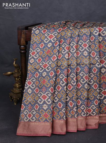 Munga tussar silk saree grey and brown with allover ikat prints and zari woven border