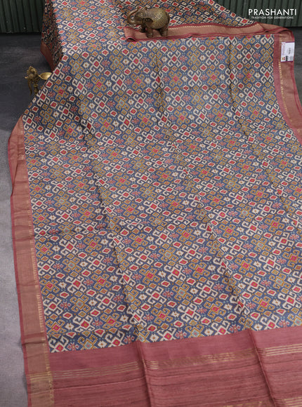 Munga tussar silk saree grey and brown with allover ikat prints and zari woven border