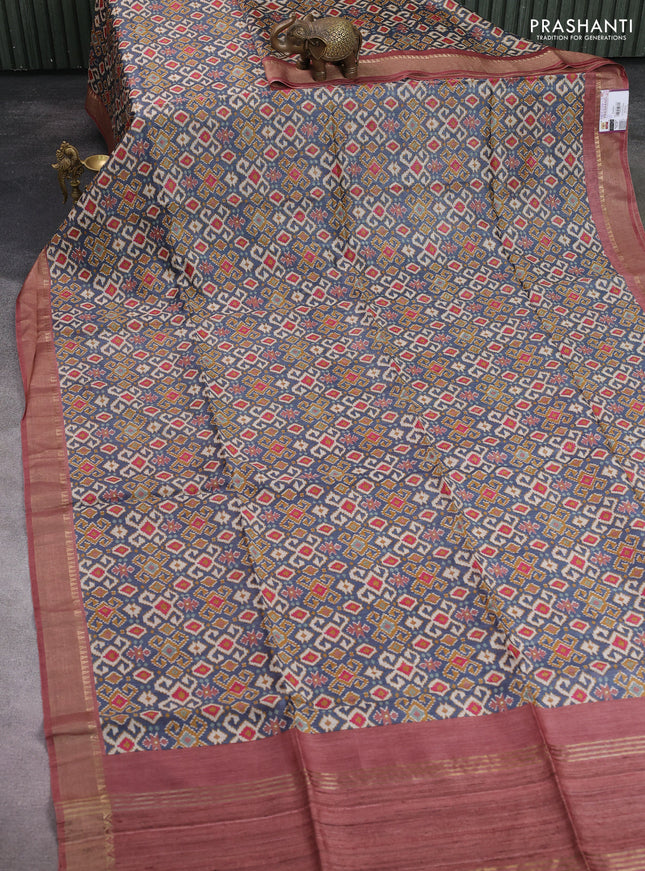 Munga tussar silk saree grey and brown with allover ikat prints and zari woven border