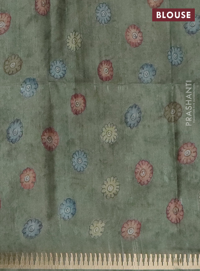Semi matka saree pastel green with allover kalamkari prints and temple design zari woven border