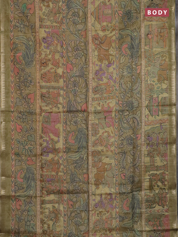 Semi matka saree elaichi green with allover kalamkari prints and temple design zari woven border