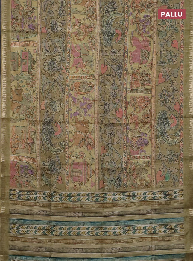 Semi matka saree elaichi green with allover kalamkari prints and temple design zari woven border