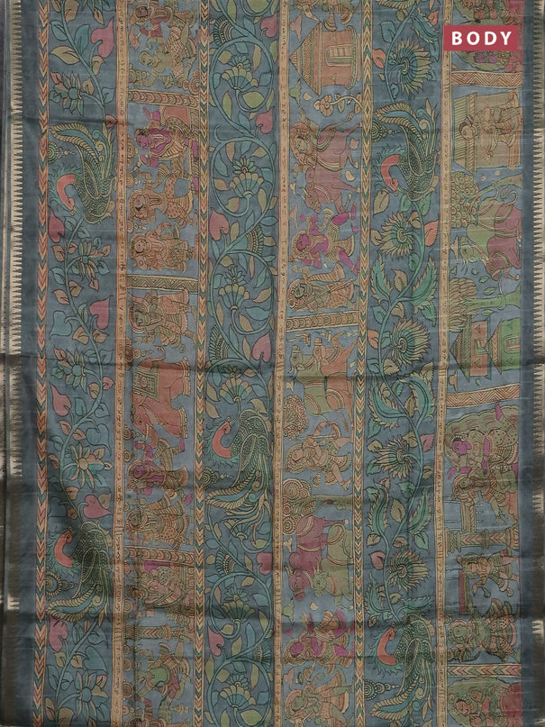 Semi matka saree grey with allover kalamkari prints and temple design zari woven border