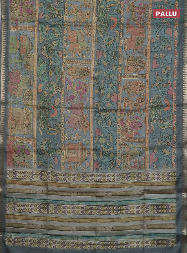 Semi matka saree grey with allover kalamkari prints and temple design zari woven border