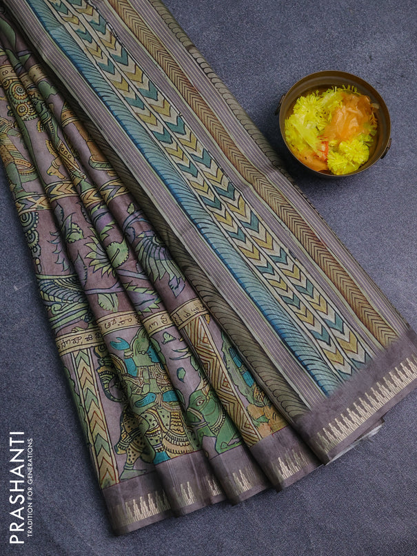 Semi matka saree pastel brown with allover kalamkari prints and temple design zari woven border