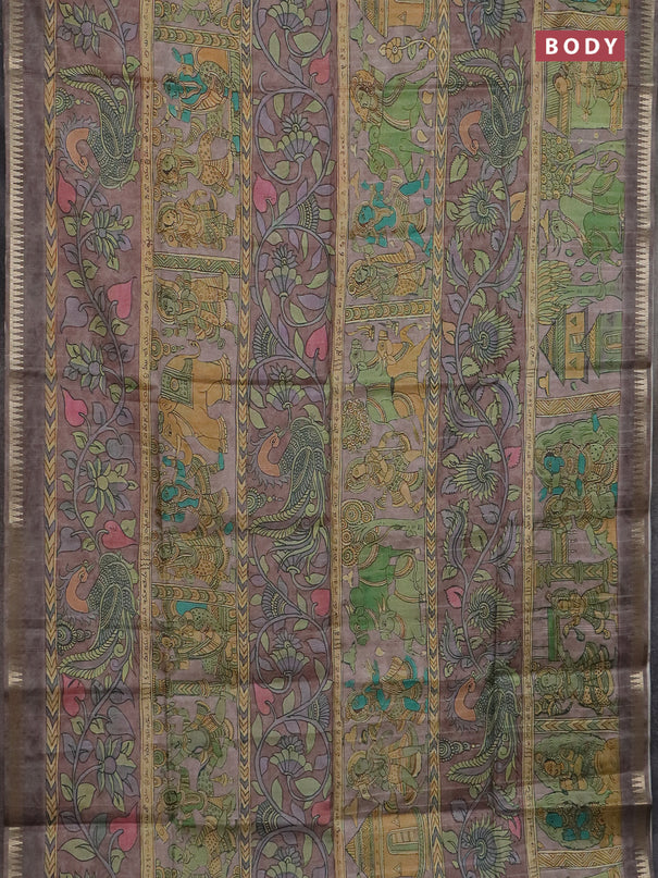 Semi matka saree pastel brown with allover kalamkari prints and temple design zari woven border