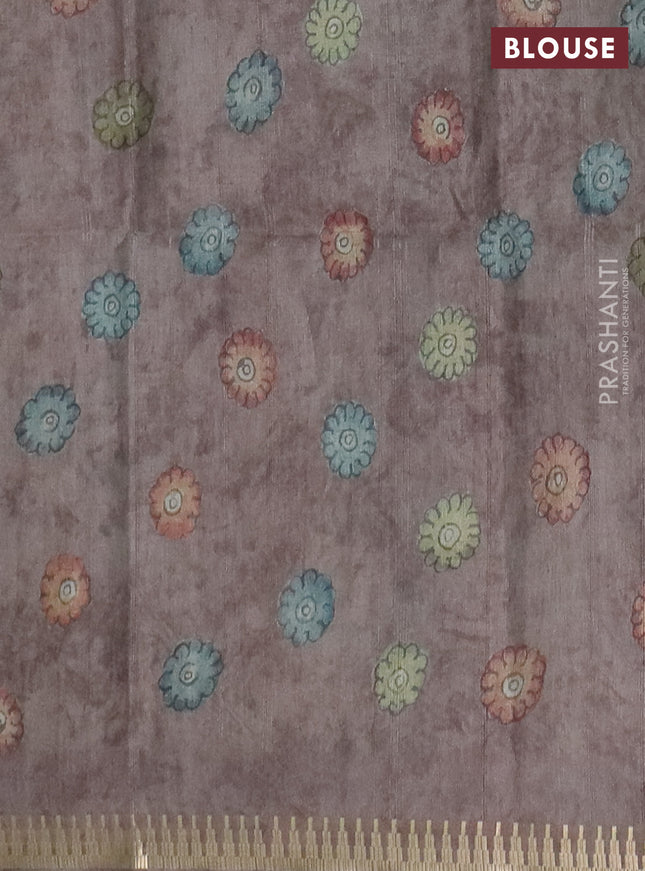 Semi matka saree pastel brown with allover kalamkari prints and temple design zari woven border