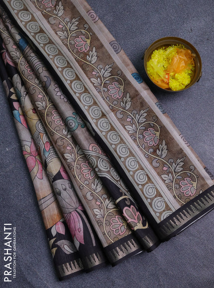 Semi matka saree black and pastel brown with butta prints and kalamkari printed pallu