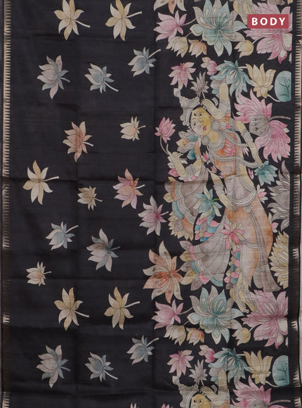 Semi matka saree black and pastel brown with butta prints and kalamkari printed pallu