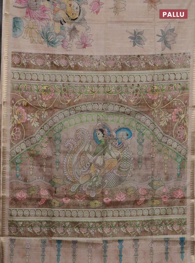 Semi matka saree sandal and pastel brown with butta prints and kalamkari printed pallu