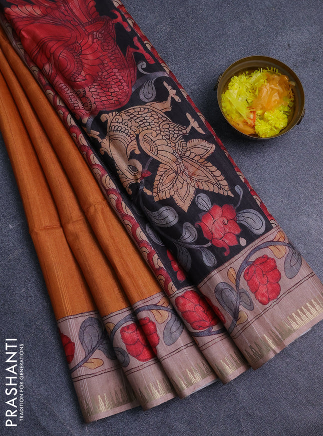 Semi matka saree sunset orange and pastel peach black with butta prints and kalamkari printed pallu