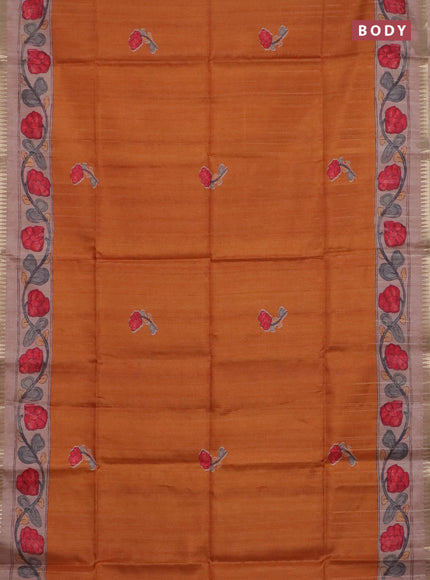 Semi matka saree sunset orange and pastel peach black with butta prints and kalamkari printed pallu
