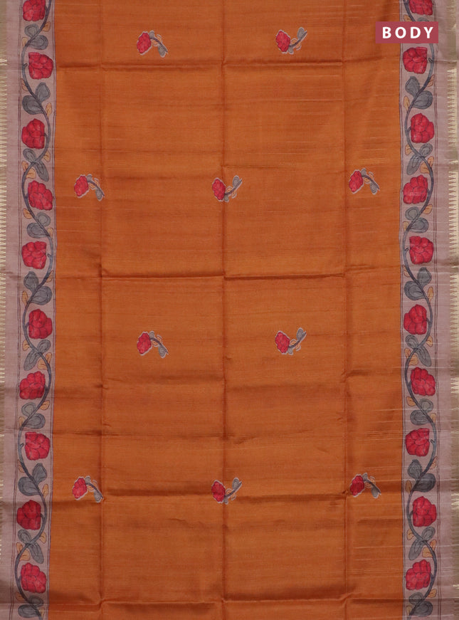 Semi matka saree sunset orange and pastel peach black with butta prints and kalamkari printed pallu