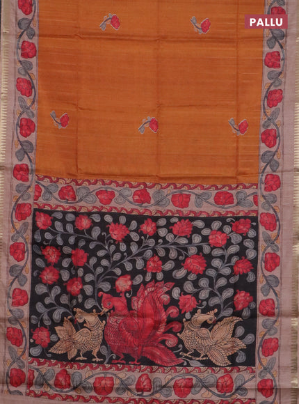 Semi matka saree sunset orange and pastel peach black with butta prints and kalamkari printed pallu