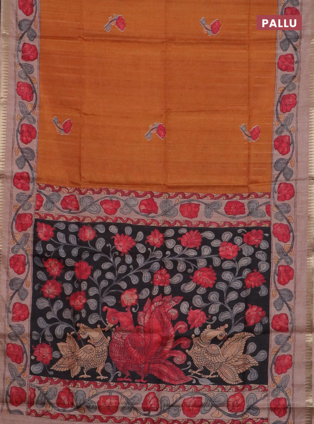 Semi matka saree sunset orange and pastel peach black with butta prints and kalamkari printed pallu