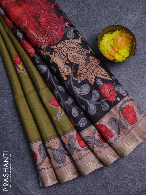 Semi matka saree mehendi green and pastel peach with butta prints and kalamkari printed pallu