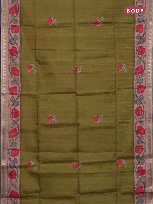 Semi matka saree mehendi green and pastel peach with butta prints and kalamkari printed pallu