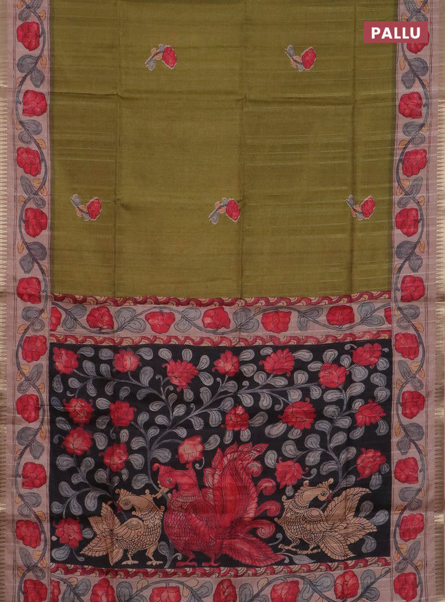 Semi matka saree mehendi green and pastel peach with butta prints and kalamkari printed pallu
