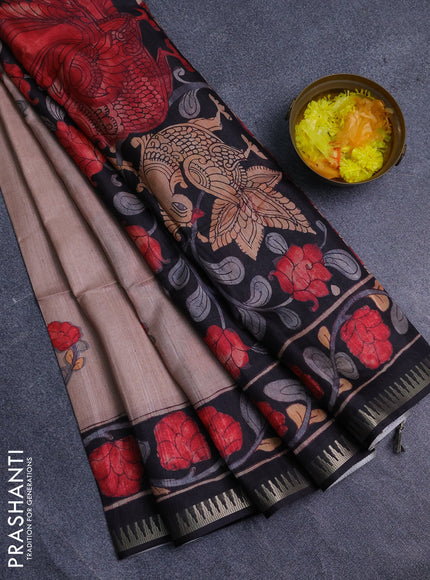Semi matka saree pastel peach and black with butta prints and kalamkari printed pallu