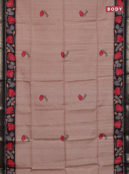 Semi matka saree pastel peach and black with butta prints and kalamkari printed pallu
