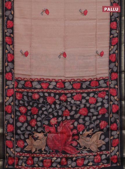 Semi matka saree pastel peach and black with butta prints and kalamkari printed pallu