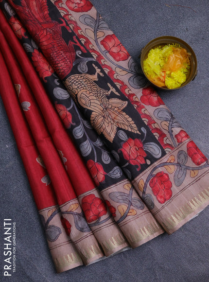 Semi matka saree red and pastel peach with butta prints and kalamkari printed pallu