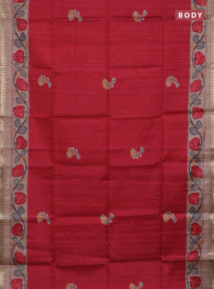 Semi matka saree red and pastel peach with butta prints and kalamkari printed pallu