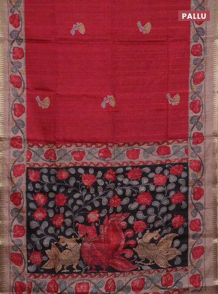 Semi matka saree red and pastel peach with butta prints and kalamkari printed pallu