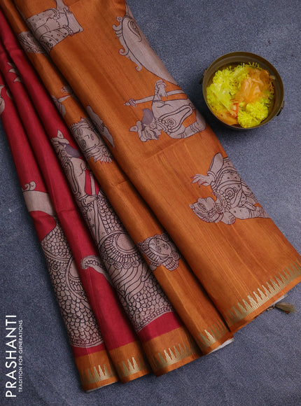 Semi matka saree tomato red and orange with allover kalamkari prints and temple design zari woven border