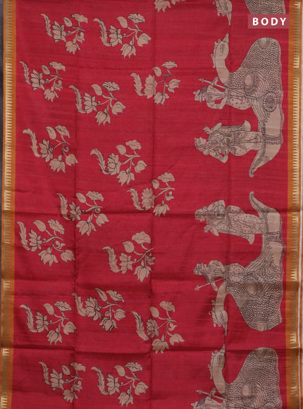 Semi matka saree tomato red and orange with allover kalamkari prints and temple design zari woven border