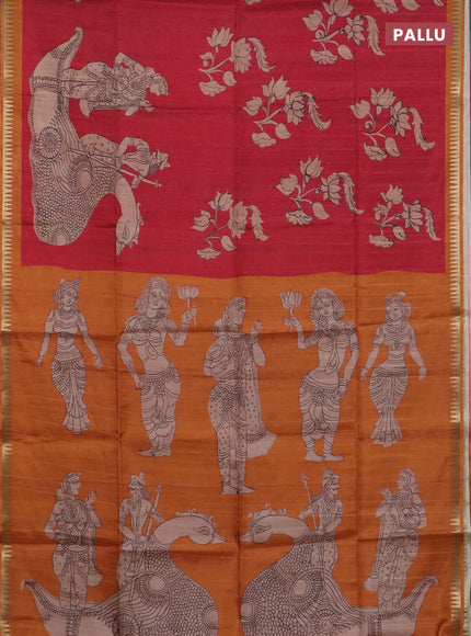 Semi matka saree tomato red and orange with allover kalamkari prints and temple design zari woven border