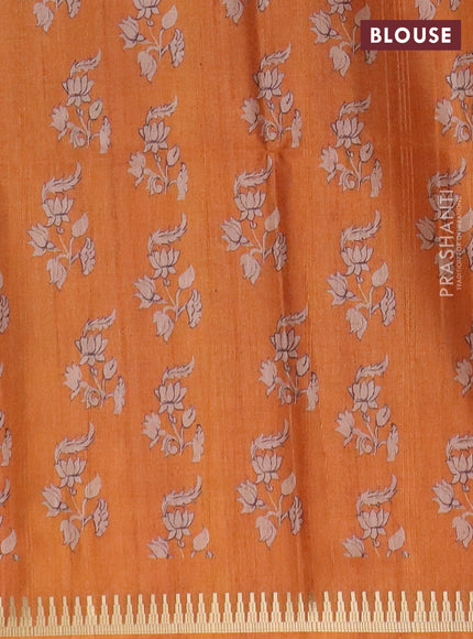 Semi matka saree tomato red and orange with allover kalamkari prints and temple design zari woven border