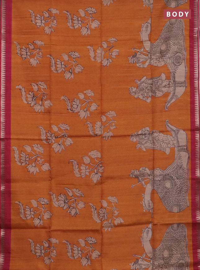 Semi matka saree orange and maroon with allover kalamkari prints and temple design zari woven border