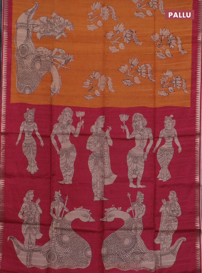 Semi matka saree orange and maroon with allover kalamkari prints and temple design zari woven border