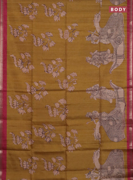 Semi matka saree dark mustard and dark pink with allover kalamkari prints and temple design zari woven border