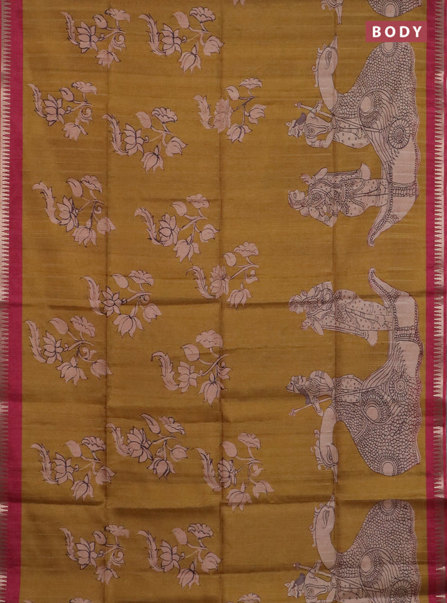 Semi matka saree dark mustard and dark pink with allover kalamkari prints and temple design zari woven border