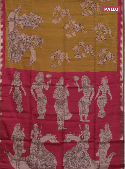 Semi matka saree dark mustard and dark pink with allover kalamkari prints and temple design zari woven border