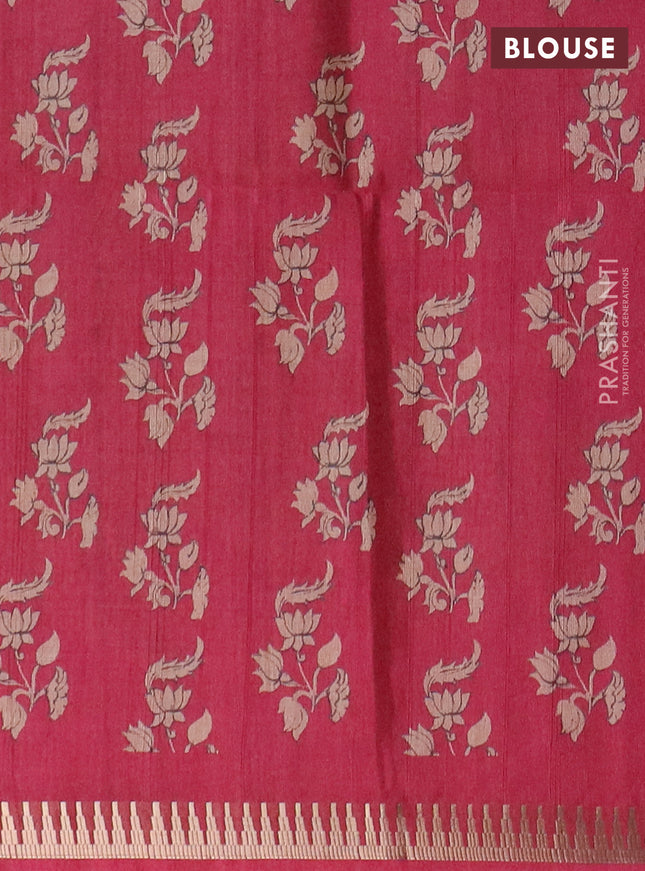 Semi matka saree dark mustard and dark pink with allover kalamkari prints and temple design zari woven border