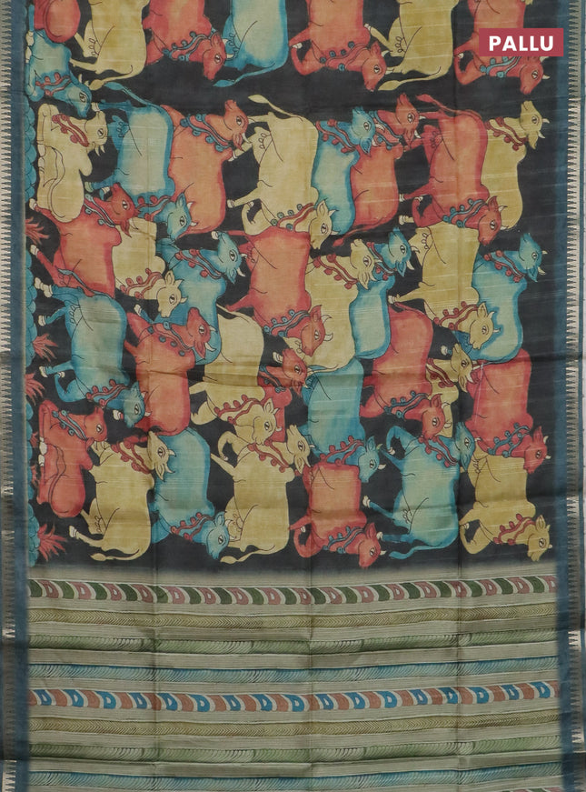 Semi matka saree sandal and peacock green with allover kalamkari prints and temple design zari woven border