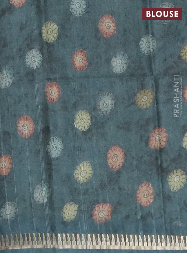 Semi matka saree sandal and peacock green with allover kalamkari prints and temple design zari woven border