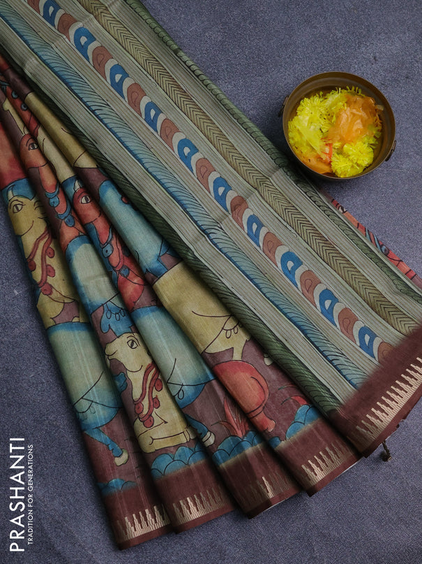 Semi matka saree sandal and brown with allover kalamkari prints and temple design zari woven border