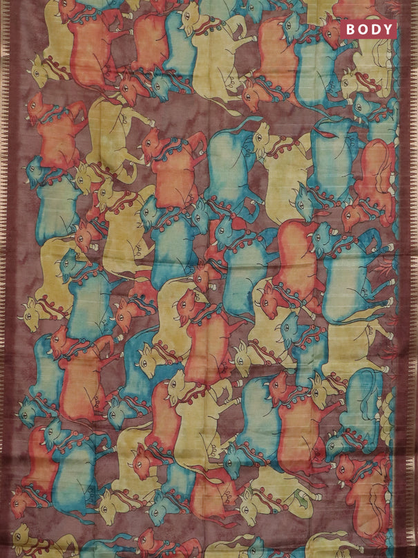 Semi matka saree sandal and brown with allover kalamkari prints and temple design zari woven border