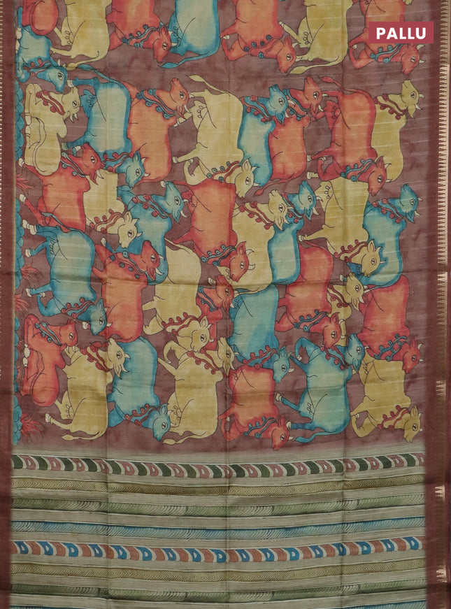 Semi matka saree sandal and brown with allover kalamkari prints and temple design zari woven border