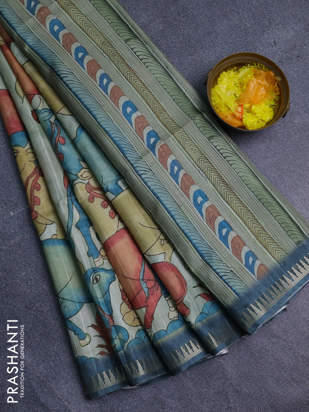 Semi matka saree pastel green shade and peacock green with allover kalamkari prints and temple design zari woven border