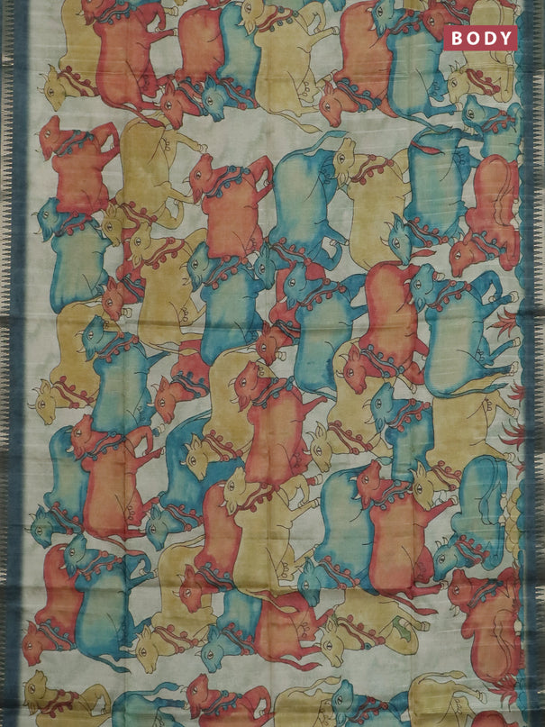 Semi matka saree pastel green shade and peacock green with allover kalamkari prints and temple design zari woven border