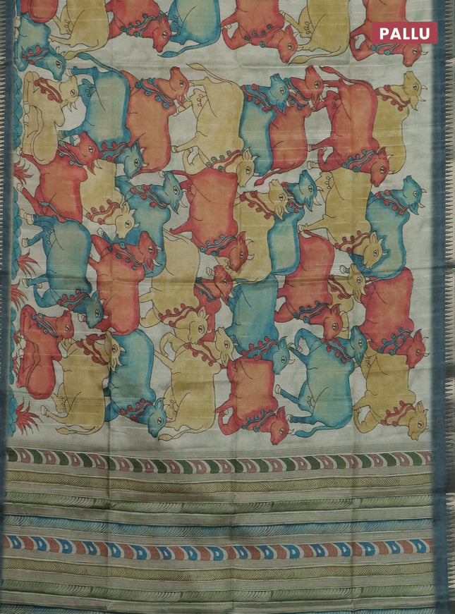Semi matka saree pastel green shade and peacock green with allover kalamkari prints and temple design zari woven border