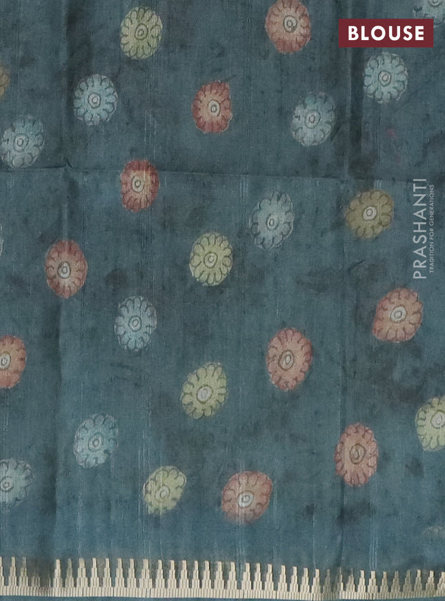 Semi matka saree pastel green shade and peacock green with allover kalamkari prints and temple design zari woven border