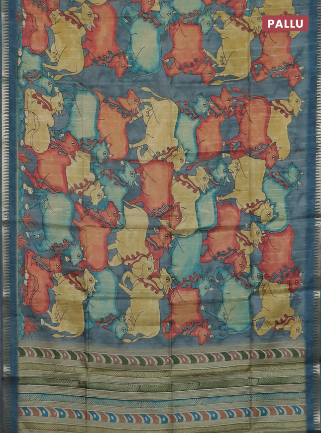Semi matka saree sandal and peacock blue with allover kalamkari prints and temple design zari woven border