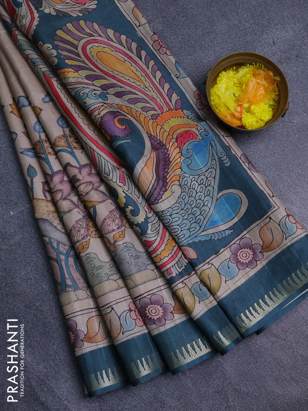 Semi matka saree beige and peacock green with butta prints and kalamkari printed pallu